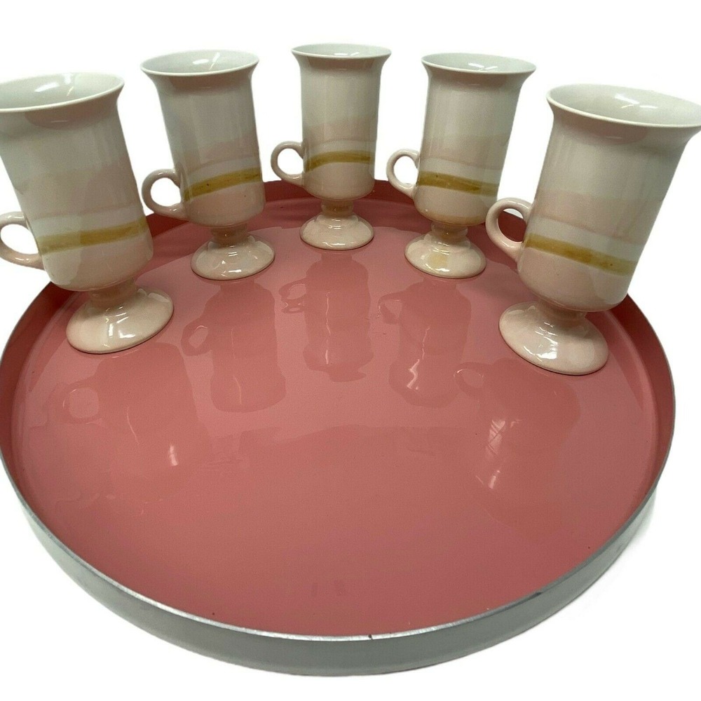 Set of 5 Vintage Otagiri Glazed Pedestal Pink Tan Striped Cappuccino Irish Mugs
